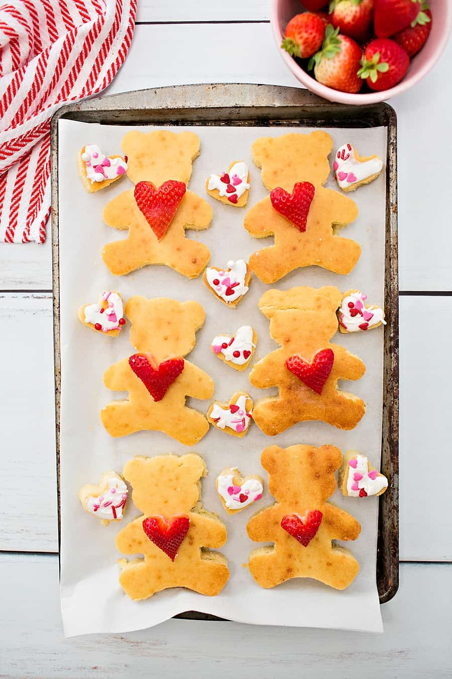 Make these yummy sheet pan bear heart pancakes for Valentine's Day breakfast to surprise the kids with a sweet treat