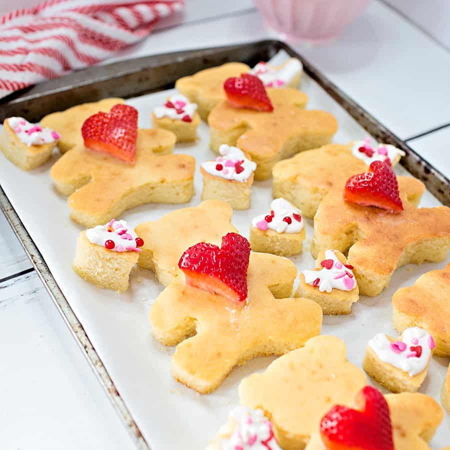 Make these yummy sheet pan bear heart pancakes for Valentine's Day breakfast to surprise the kids with a sweet treat