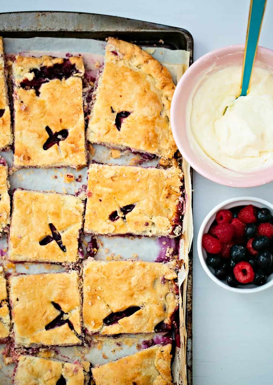 Raspberry Blueberry Slab Pie. Delicious and easy patriotic dessert for Memorial Day or Fourth of July. 