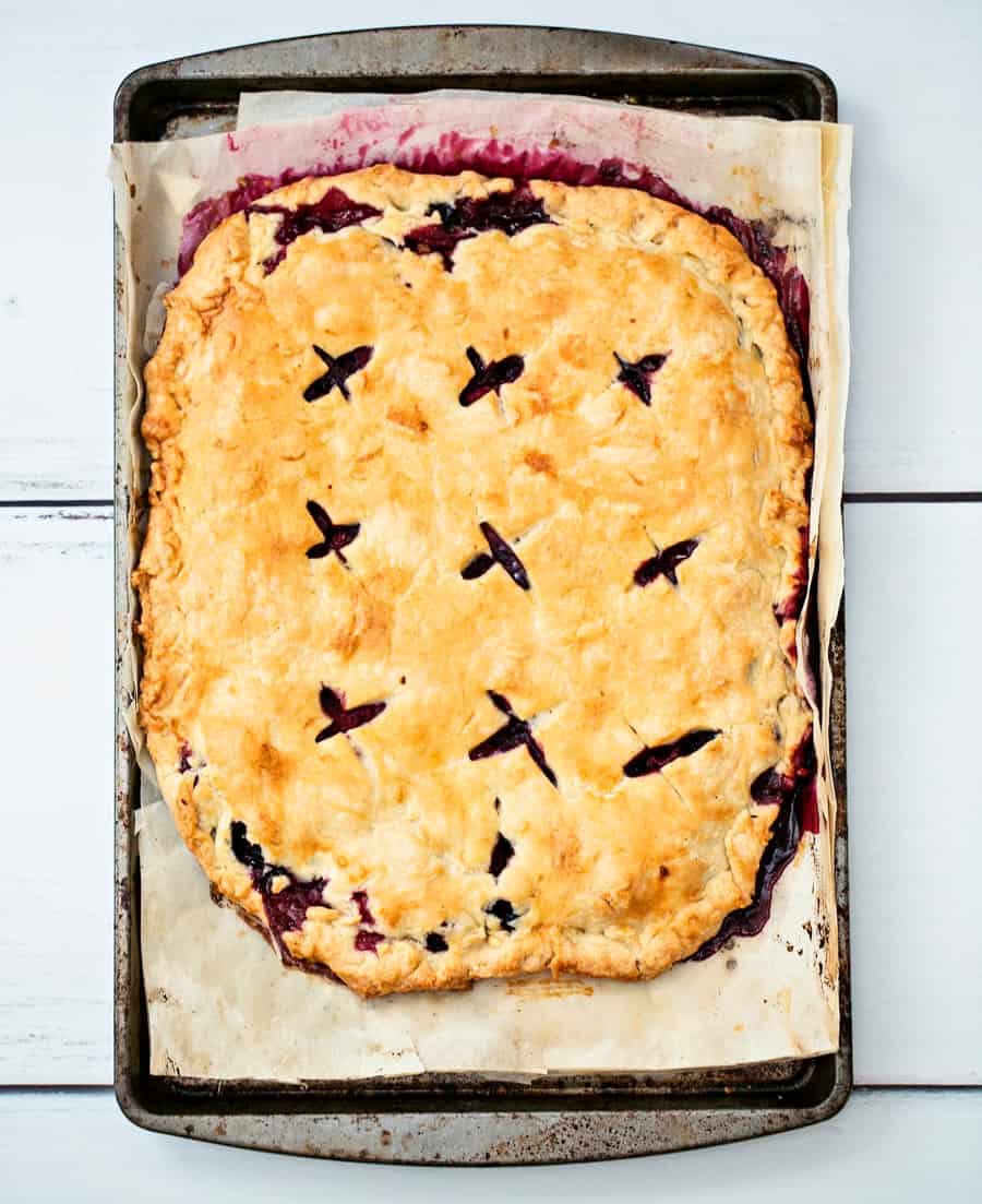 Raspberry Blueberry Slab Pie. Delicious and easy patriotic dessert for Memorial Day or Fourth of July. 