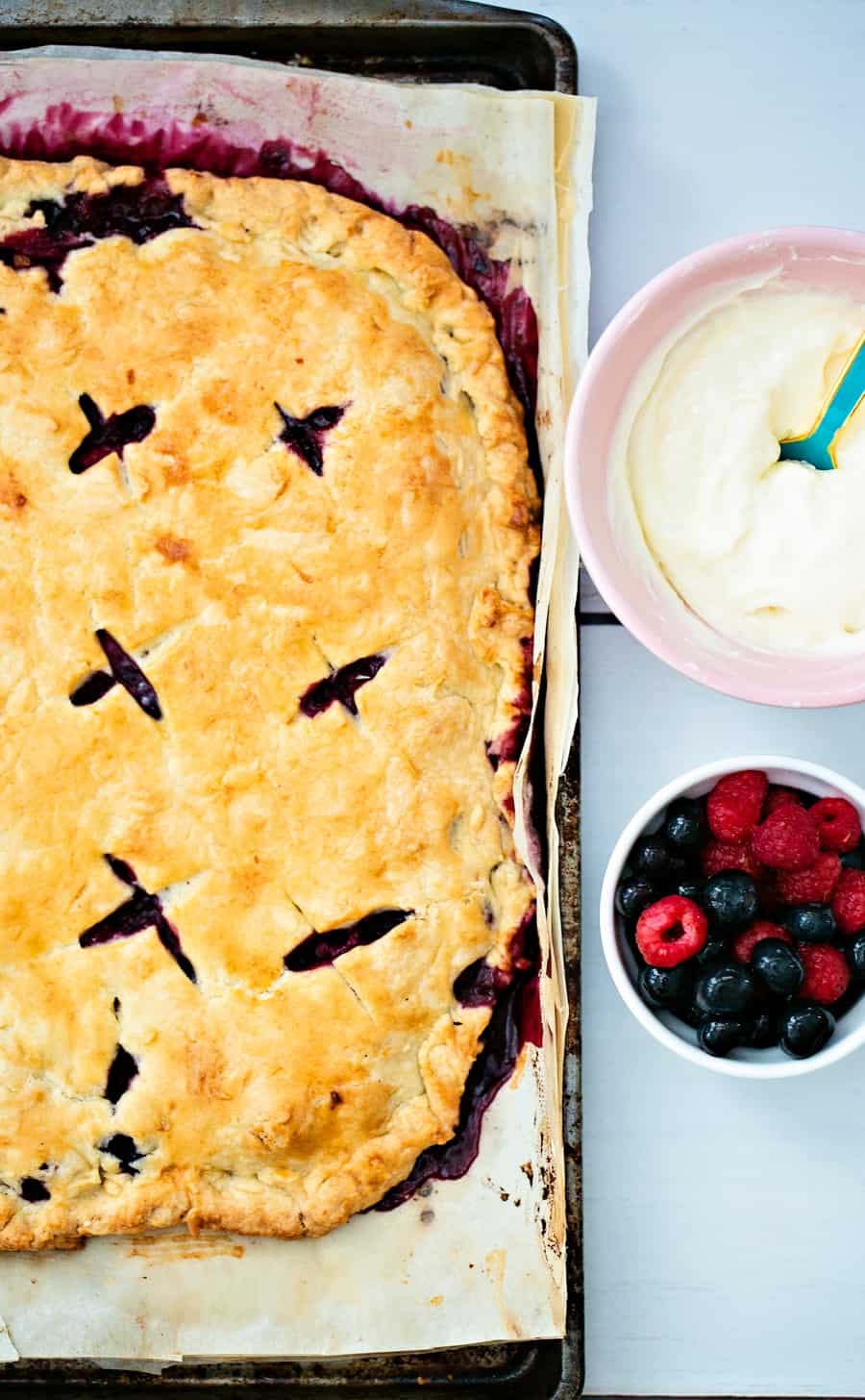 Raspberry Blueberry Slab Pie. Delicious and easy patriotic dessert for Memorial Day or Fourth of July. 