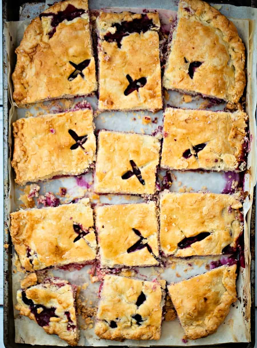 Raspberry Blueberry Slab Pie. Delicious and easy patriotic dessert for Memorial Day or Fourth of July. 