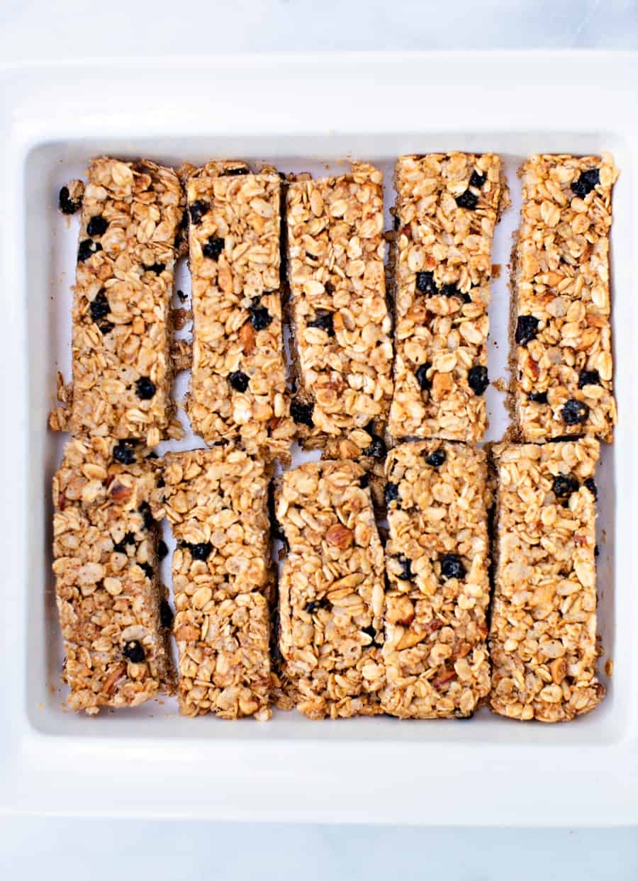 No Bake Blueberry Almond Granola Bars in a baking pan