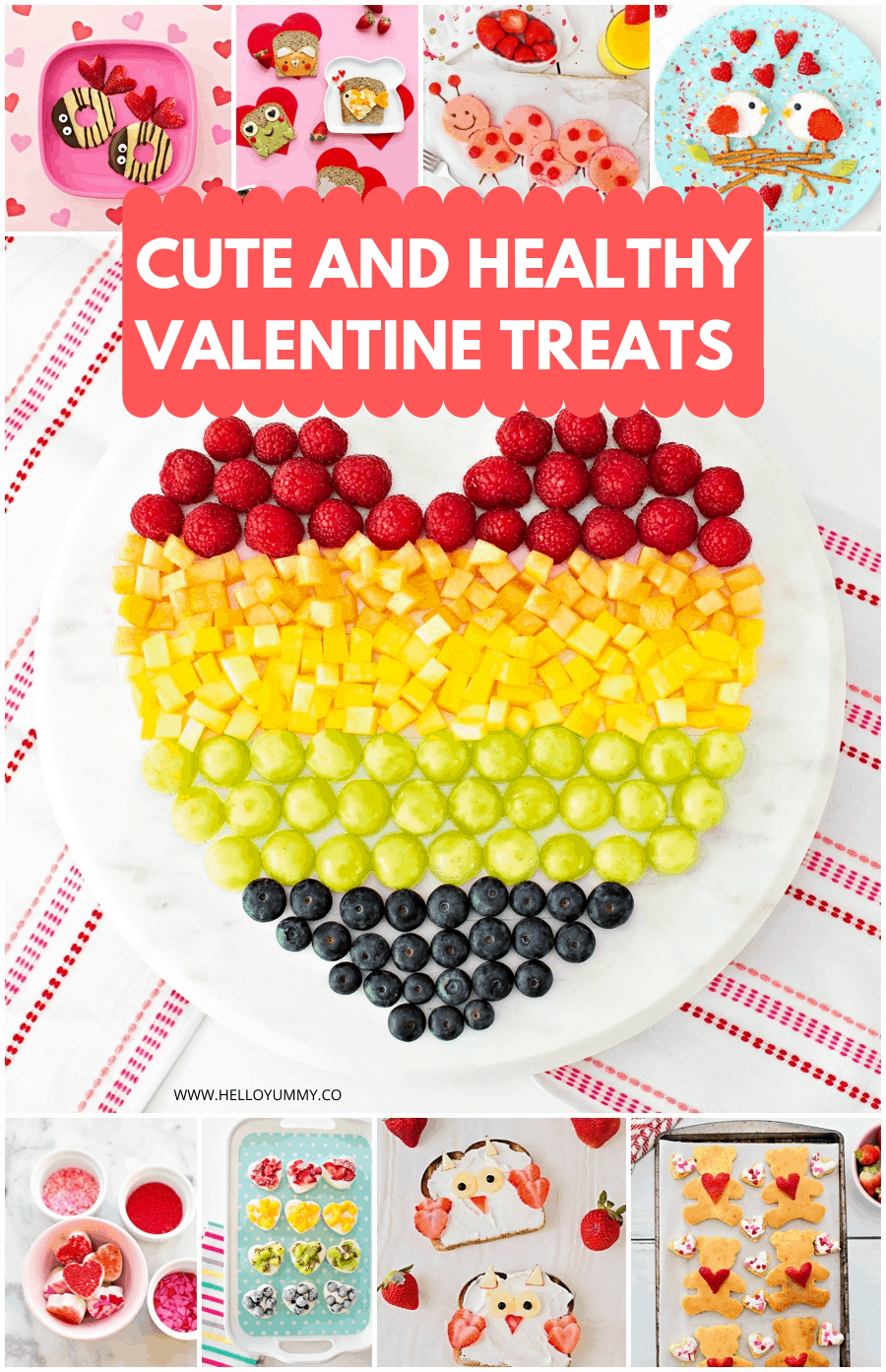 Cute and Easy Healthy Valentine Treats for Kids. Collage image. 