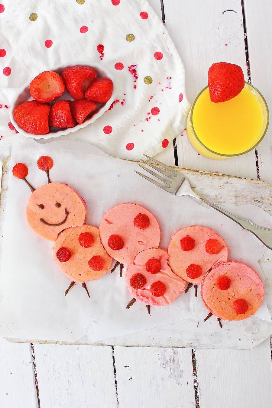 Valentine's Day Caterpillar Pancakes for kids breakfast or brunch. 
