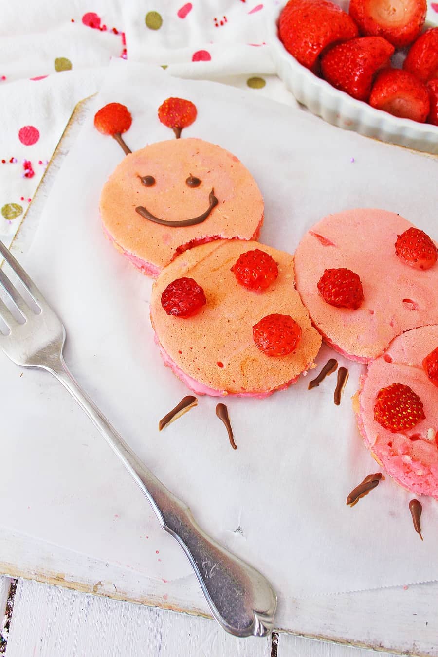 Valentine's Day Caterpillar Pancakes for kids breakfast or brunch. 