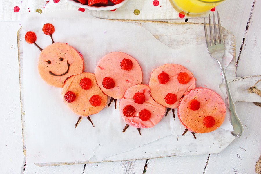 Valentine's Day Pink Caterpillar Pancakes for kids breakfast or brunch. 