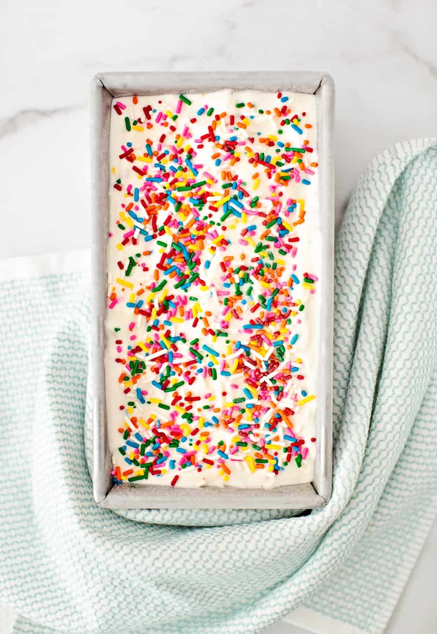 sprinkles no churn ice cream in a loaf pan 