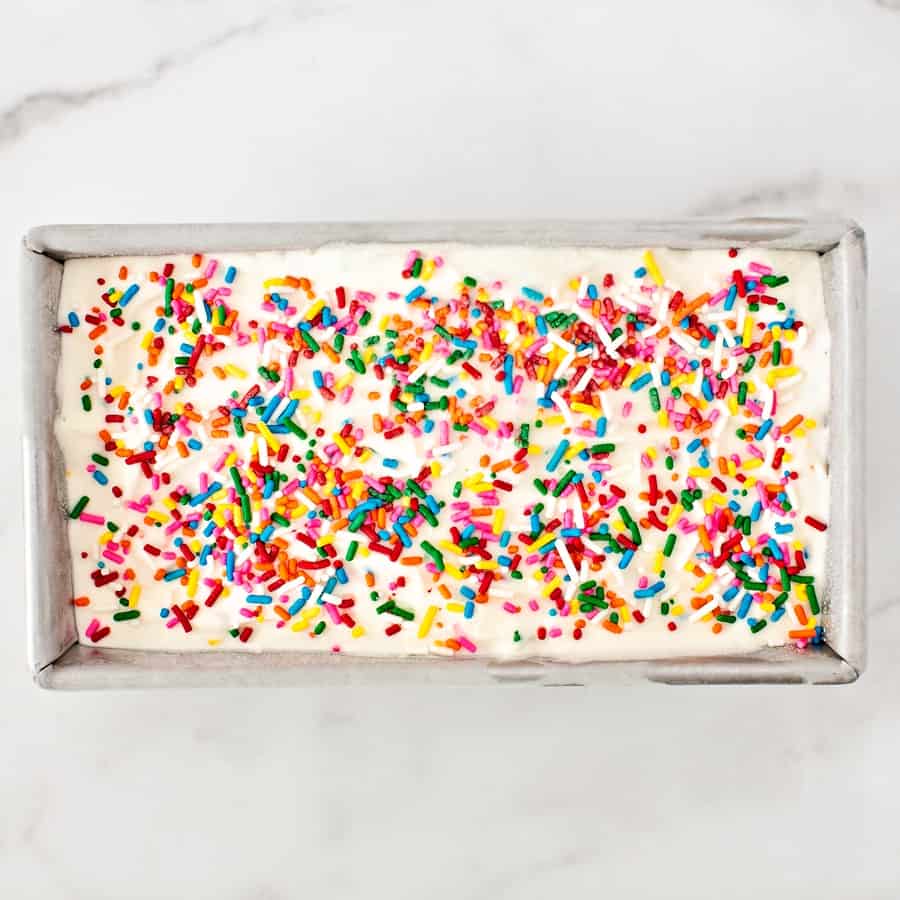 sprinkles no churn ice cream in a loaf pan 