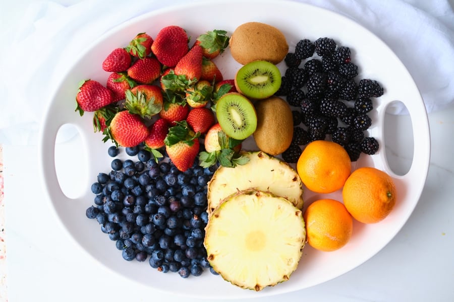 platter of fresh rainbow fruits